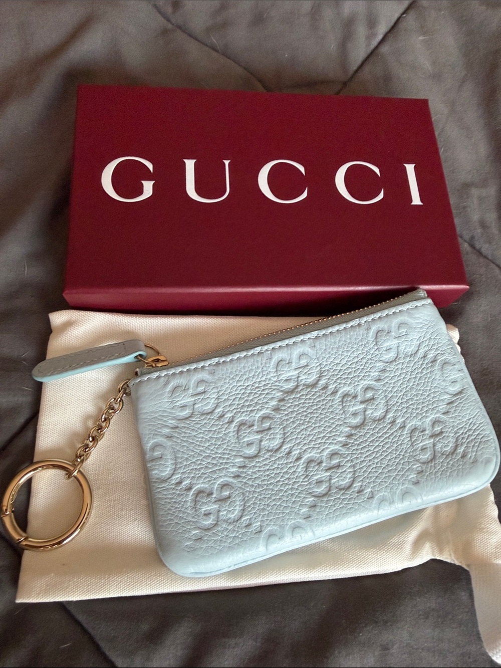Gucci Light Blue Embossed GG Leather Key Pouch with Gold Chain